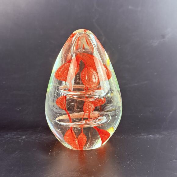 Art Glass Paperweight Egg Hand Blown Red Flame Swirl Teardrop Murano Style 4.5” - Picture 2 of 8